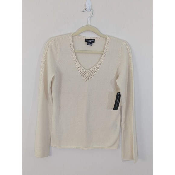 Sutton Studio Ivory V- Neck Crochet Neck Detail Bell Sleeves Sweater Sz Medium - Picture 1 of 9